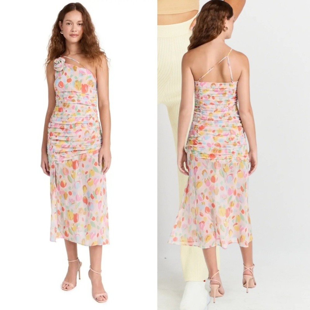 For Love & Lemons Desmona Midi Dress Tulip Floral Ruched One Shoulder Small NWT